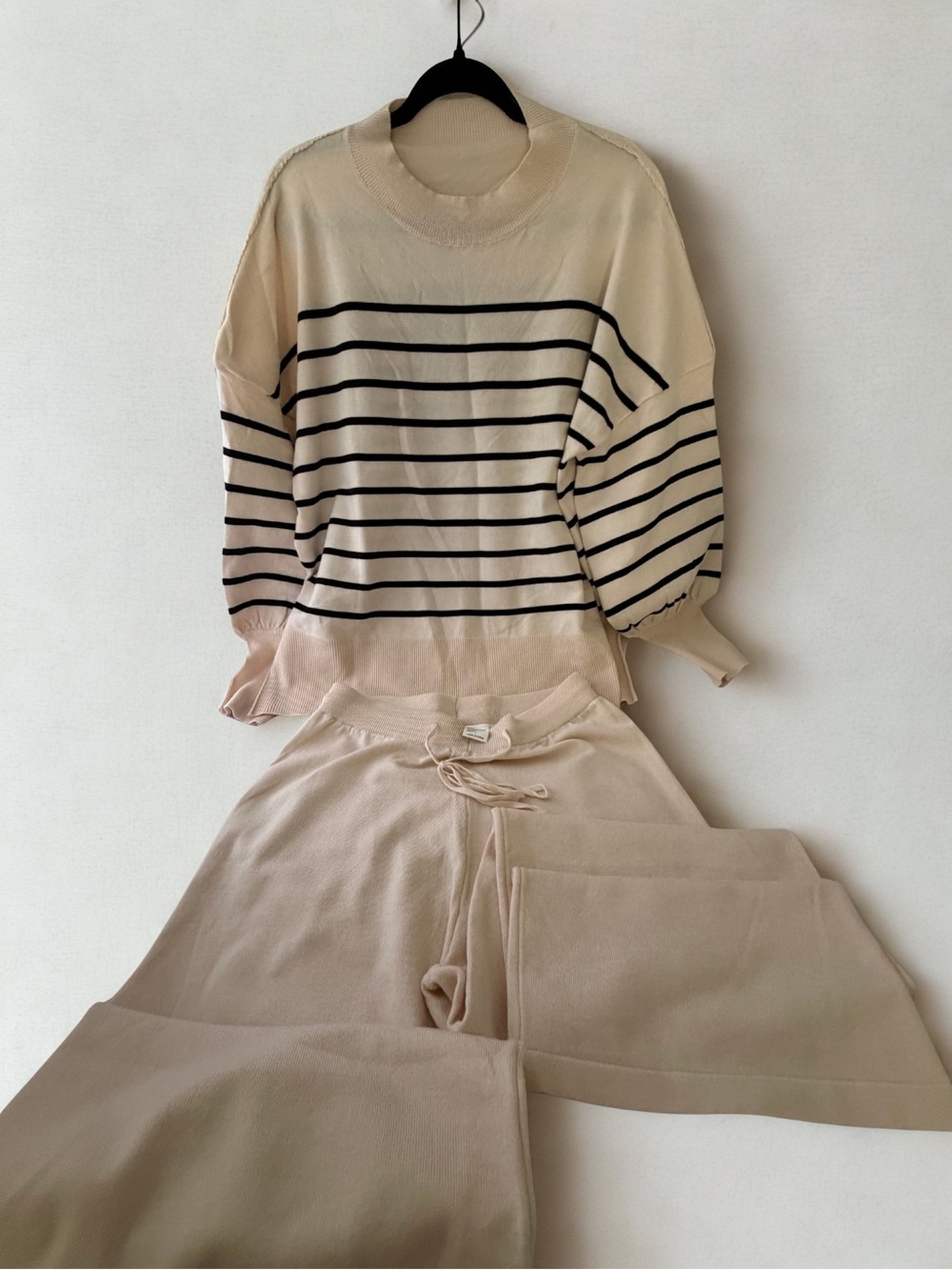 Women’s Cream Black Striped Knit 2 Piece Sweater Wide Leg Pants Set L